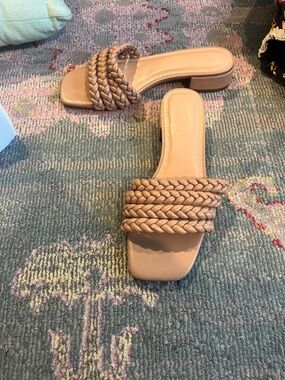 Cushionaire Braided Strap Tan Slide Heels - Women's Fashion Sandals